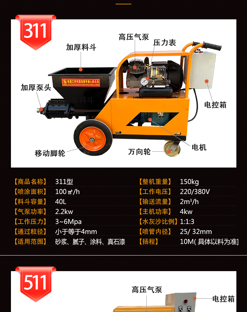 Cement mortar spraying machine, fully automatic wall plastering machine, high-power roughening putty spraying machine for inner and outer walls