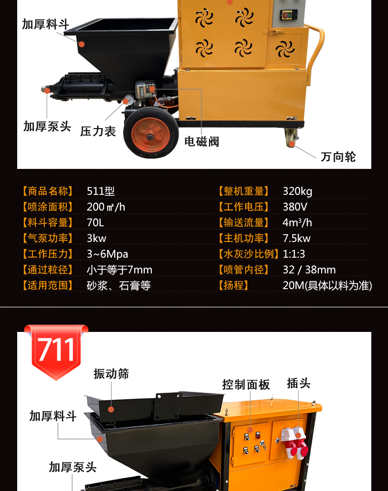 Cement mortar spraying machine, fully automatic wall plastering machine, high-power roughening putty spraying machine for inner and outer walls