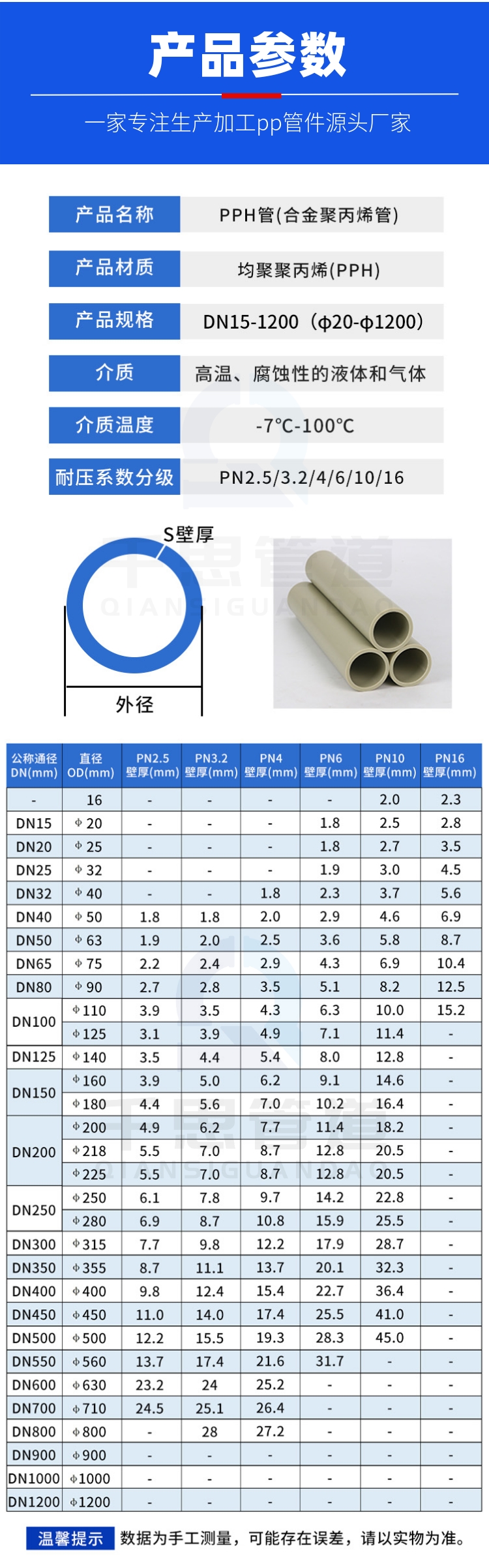 Qiansi sewage pipes are customized according to needs. Our own factory has corrosion-resistant, acid and alkali resistant PPH plastic pipes