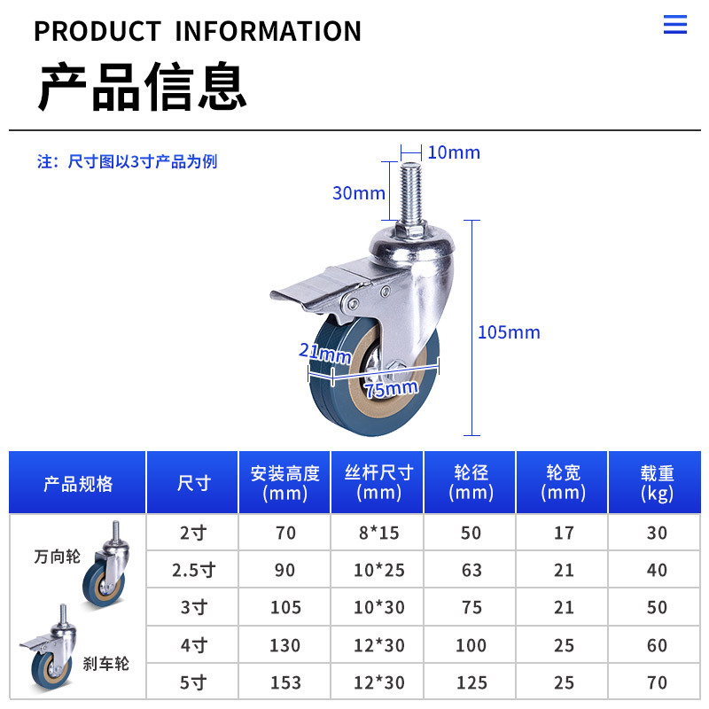 Grey rubber wheel, screw rod, universal caster, silent PVC steering wheel, nylon wheel, furniture rolling wheel manufacturer