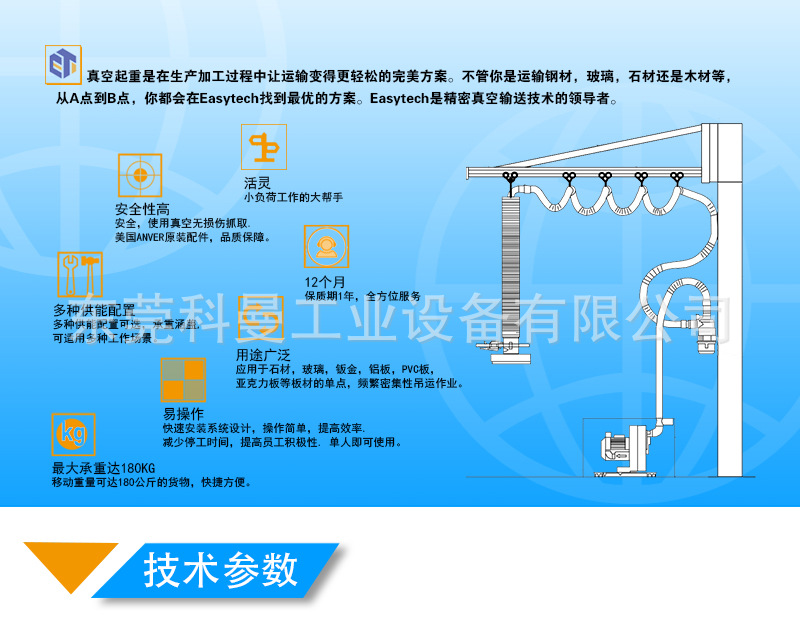 Vertical column straight arm gas suction crane, coil material handling and lifting, vacuum stacking and feeding machine, manufactured by Koman